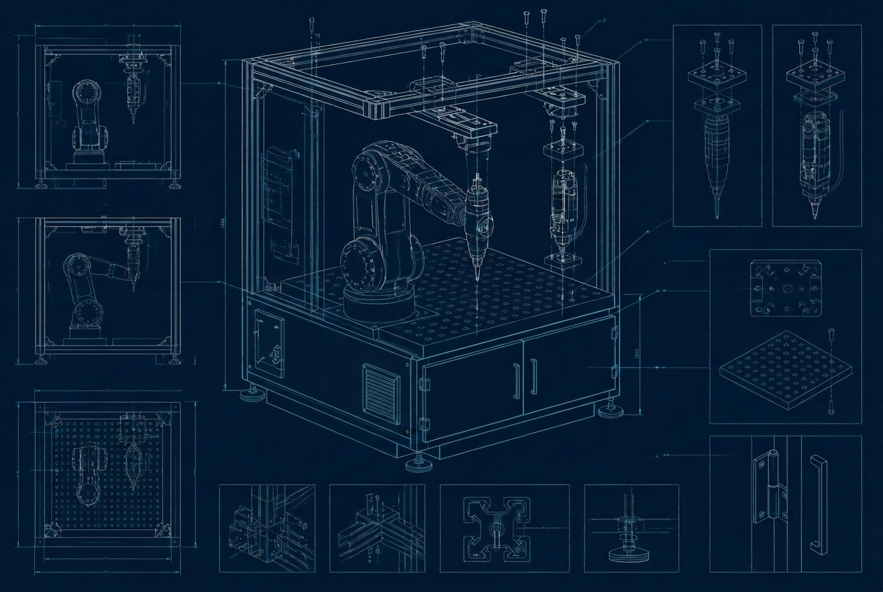 Engineering diagram of a modular assembly cell: open frame on an enclosed base cabinet at operator height, six-axis robot, screwdriver and dispense-head modules on a bolt-grid datum plate